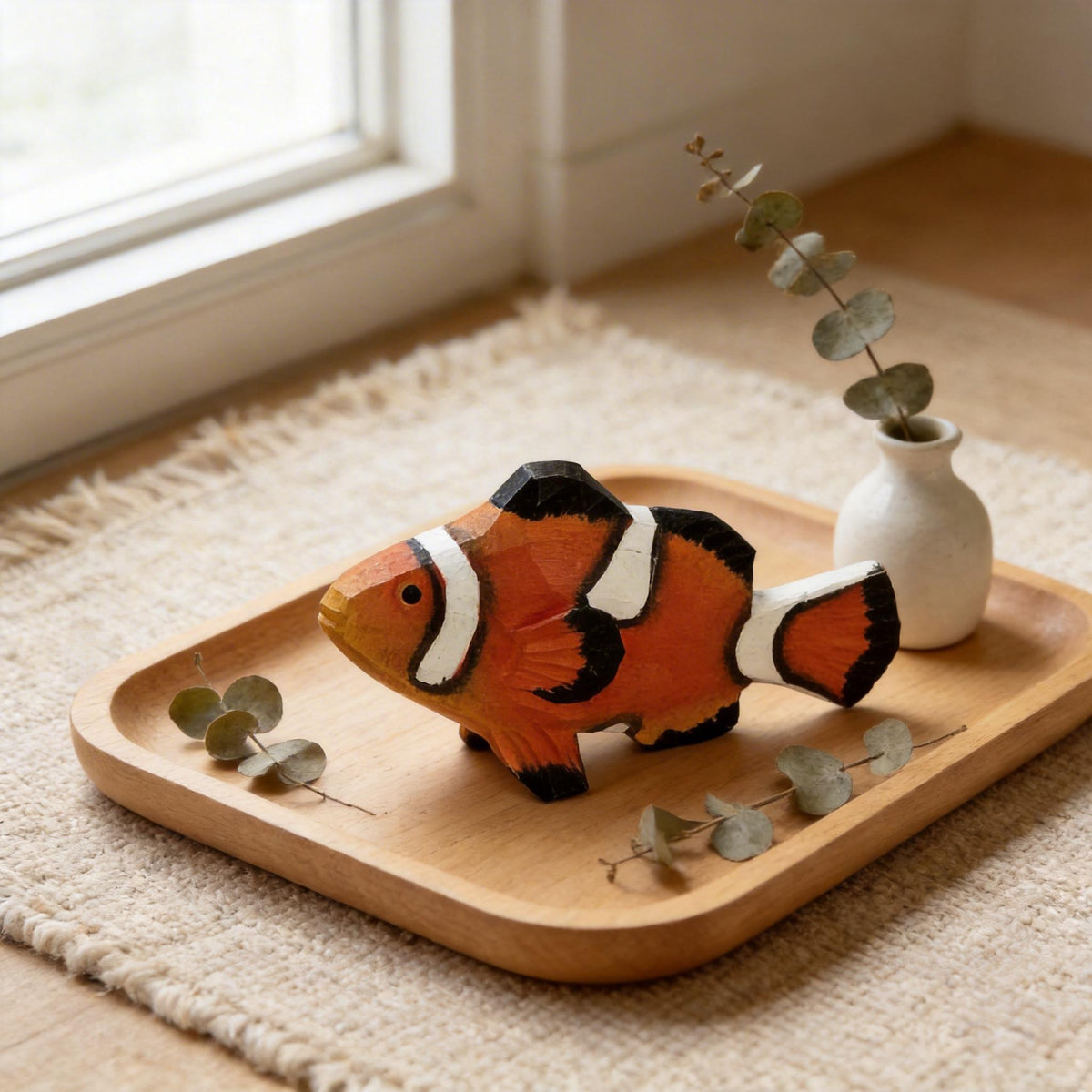 Hand Carved Wooden Clownfish Figurine, Nautical Nursery Decor, Tropical Sea Animal Sculpture, Hand Painted Fish Ornament