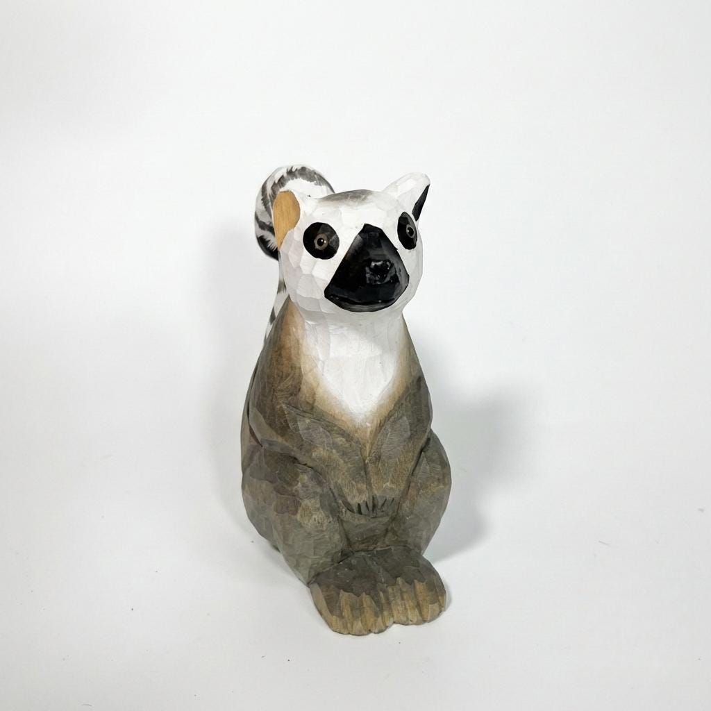 Whimsical Ring-Tailed Lemur Wood Carving | Handmade Wooden Animal Figurine | Safari Nursery Decor | Unique Wildlife Lover Gift