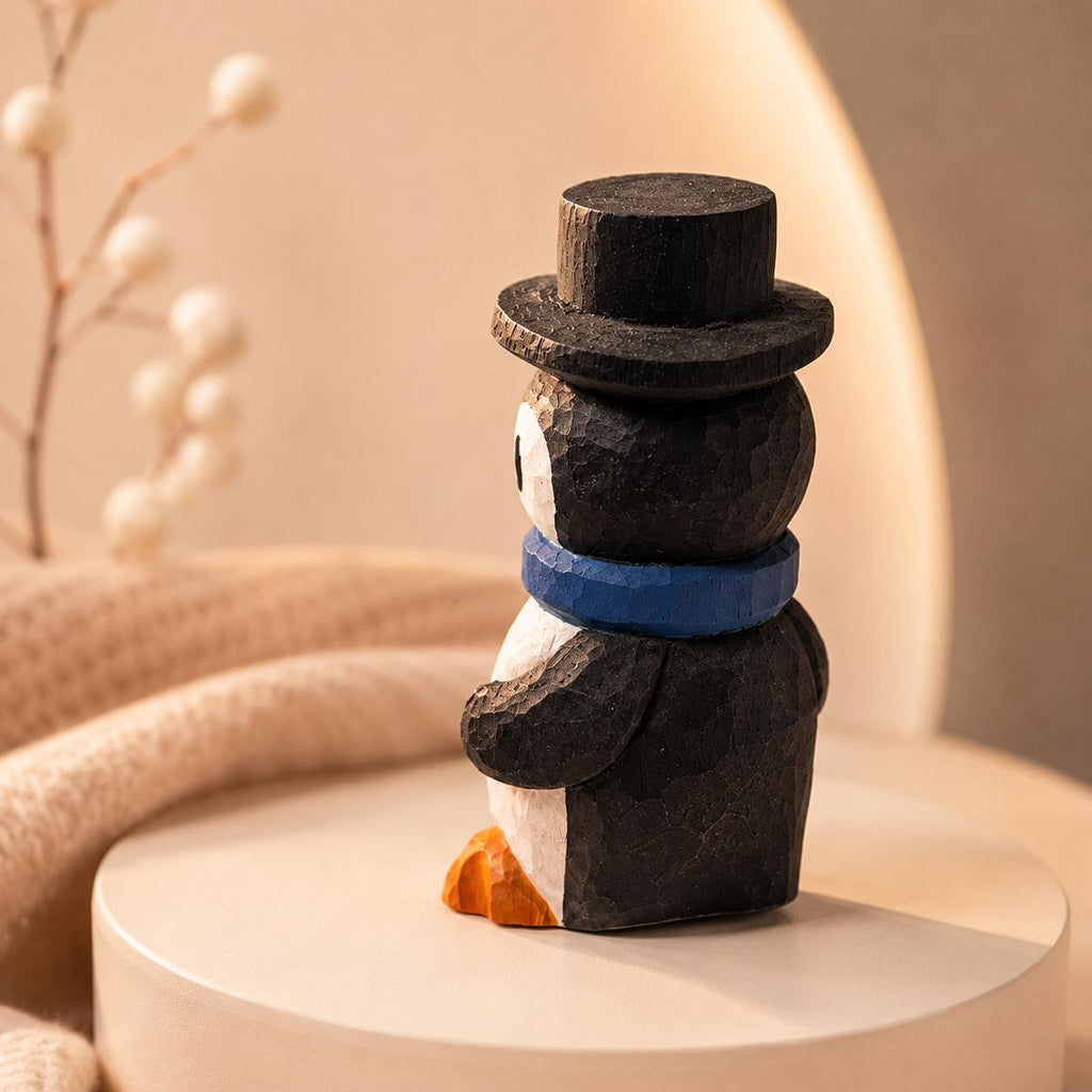 Whimsical Wooden Penguin Figurine, Hand Carved Bird, Top Hat Winter Decor, Rustic Wood Animal, Cute Christmas Gift