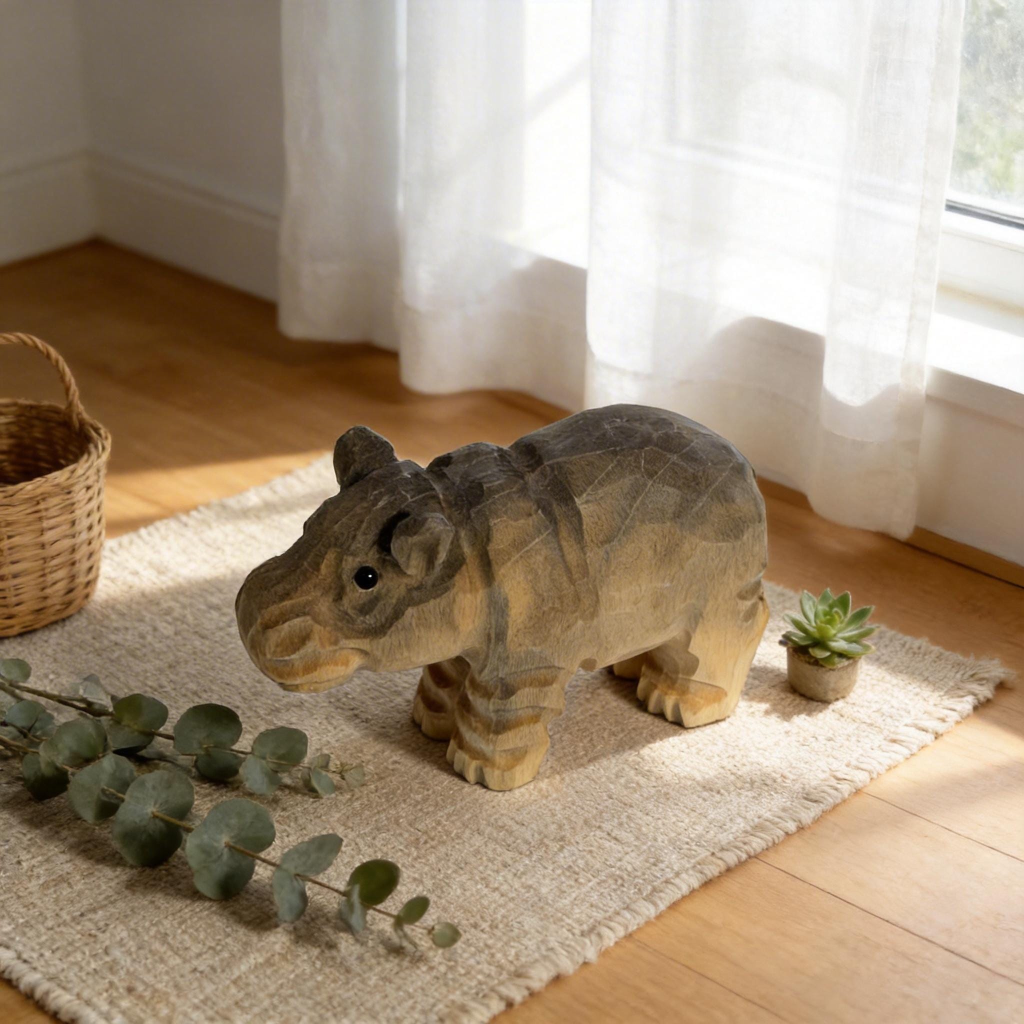 Hand Carved Wooden Hippo Sculpture | Rustic Safari Nursery Decor