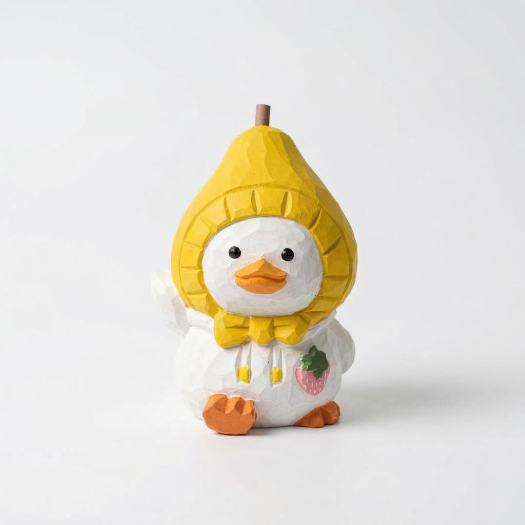 Whimsical Hand-Carved Wooden Duckling in Pear Hat Figurine - Cute Fruit Animal Wood Carving - Housewarming Gift for Duck Lovers