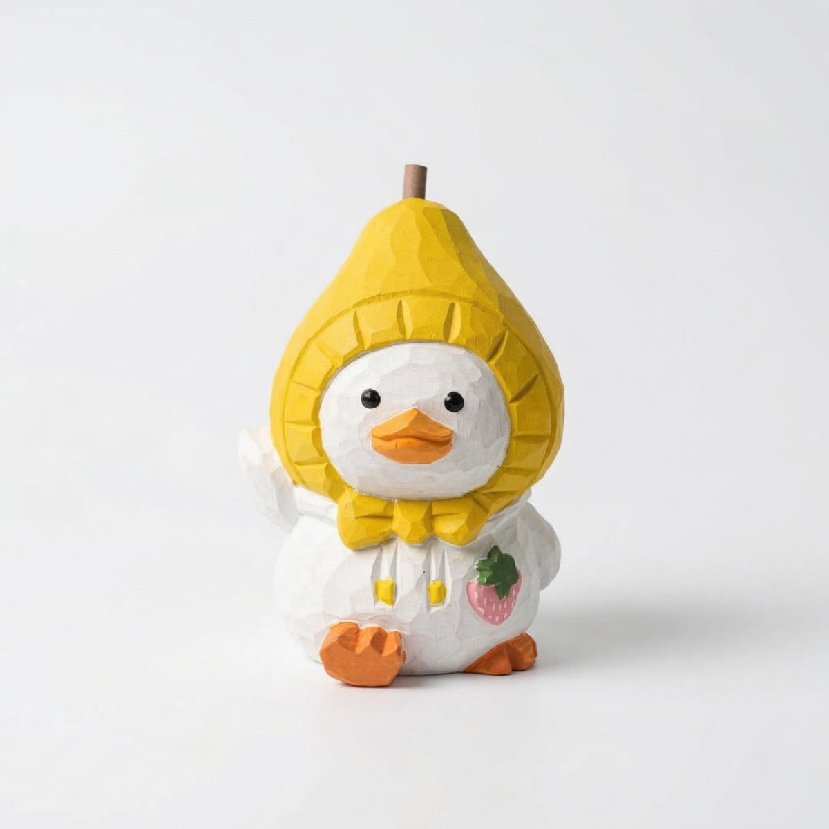 Whimsical Hand-Carved Wooden Duckling in Pear Hat Figurine - Cute Fruit Animal Wood Carving - Housewarming Gift for Duck Lovers