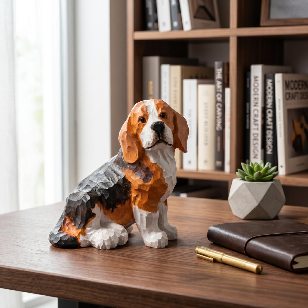 Hand Carved Wooden Beagle Figurine, Rustic Dog Lover Decor, Wood Dog Sculpture, Pet Memorial Gift, Handmade Dog Statue For Desk Shelf