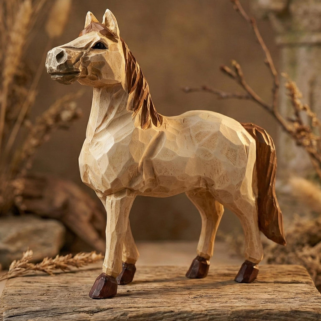 Whimsical Hand-Carved Wooden Horse Figurine, Rustic Equine Statue, Geometric Animal Art, Farmhouse Decor, Horse Lover Gift Idea