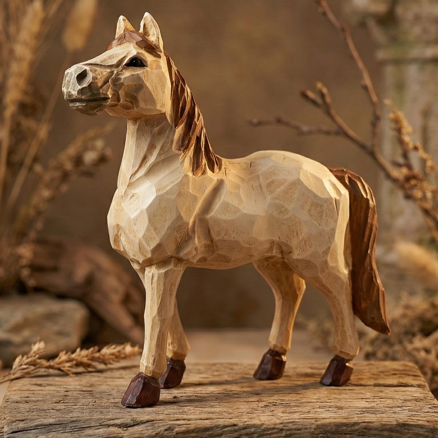 Whimsical Hand-Carved Wooden Horse Figurine, Rustic Equine Statue, Geometric Animal Art, Farmhouse Decor, Horse Lover Gift Idea