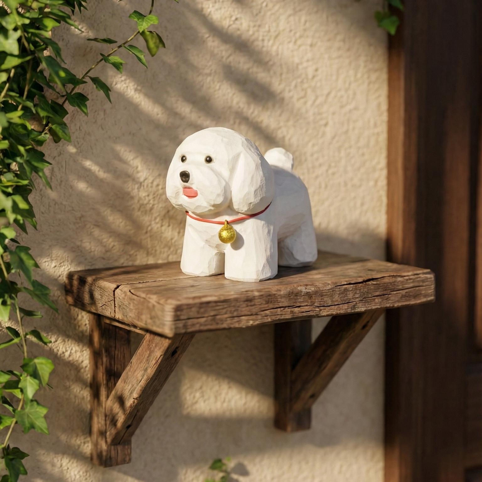 Hand Carved White Bichon Frise Wood Figurine, Cute Poodle Dog Statue with Gold Bell, Rustic Wooden Puppy Decor, Pet Lover Gift