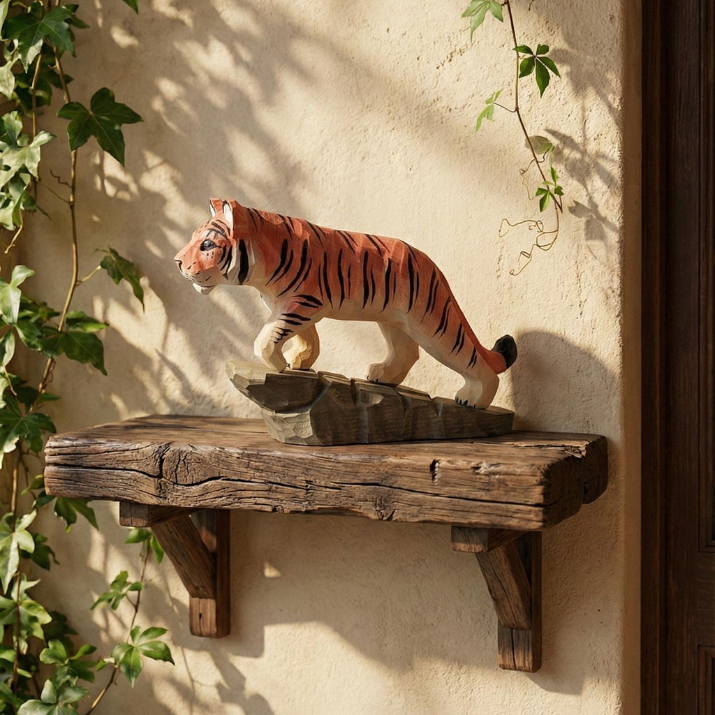 Hand Carved Wooden Tiger Figurine, Rustic Jungle Decor