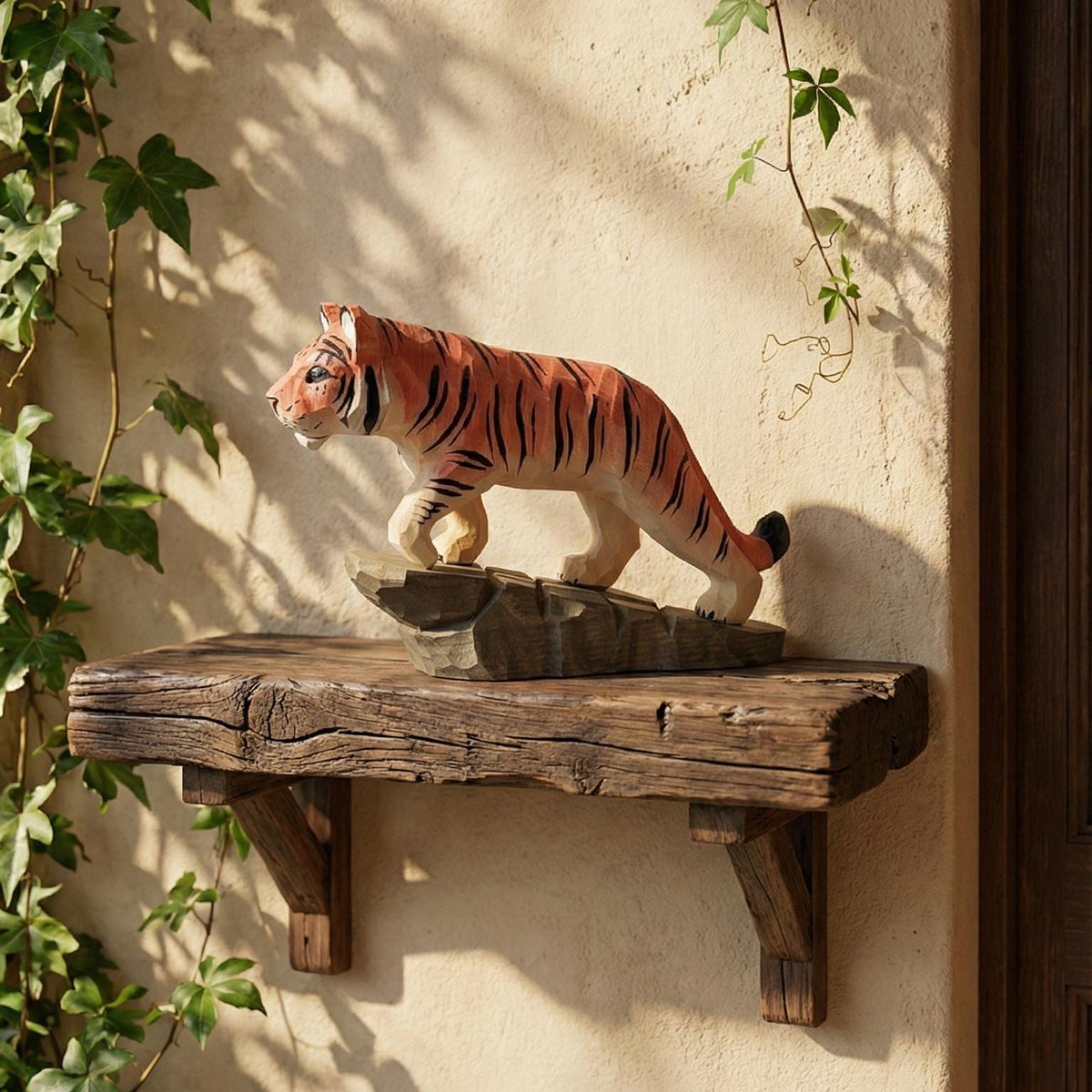 Hand Carved Wooden Tiger Figurine, Rustic Jungle Decor