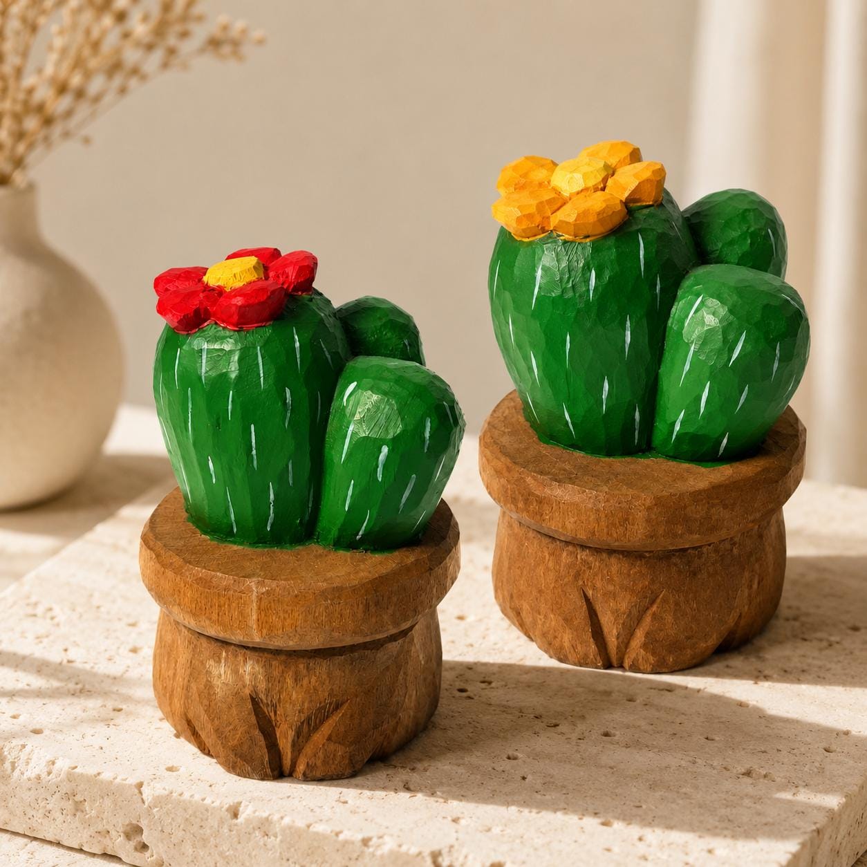 Hand Carved Wooden Cactus in Pot | Painted Succulent Figurine with Flower | Desert Plant Desk Decor | Unique Plant Lover Gift