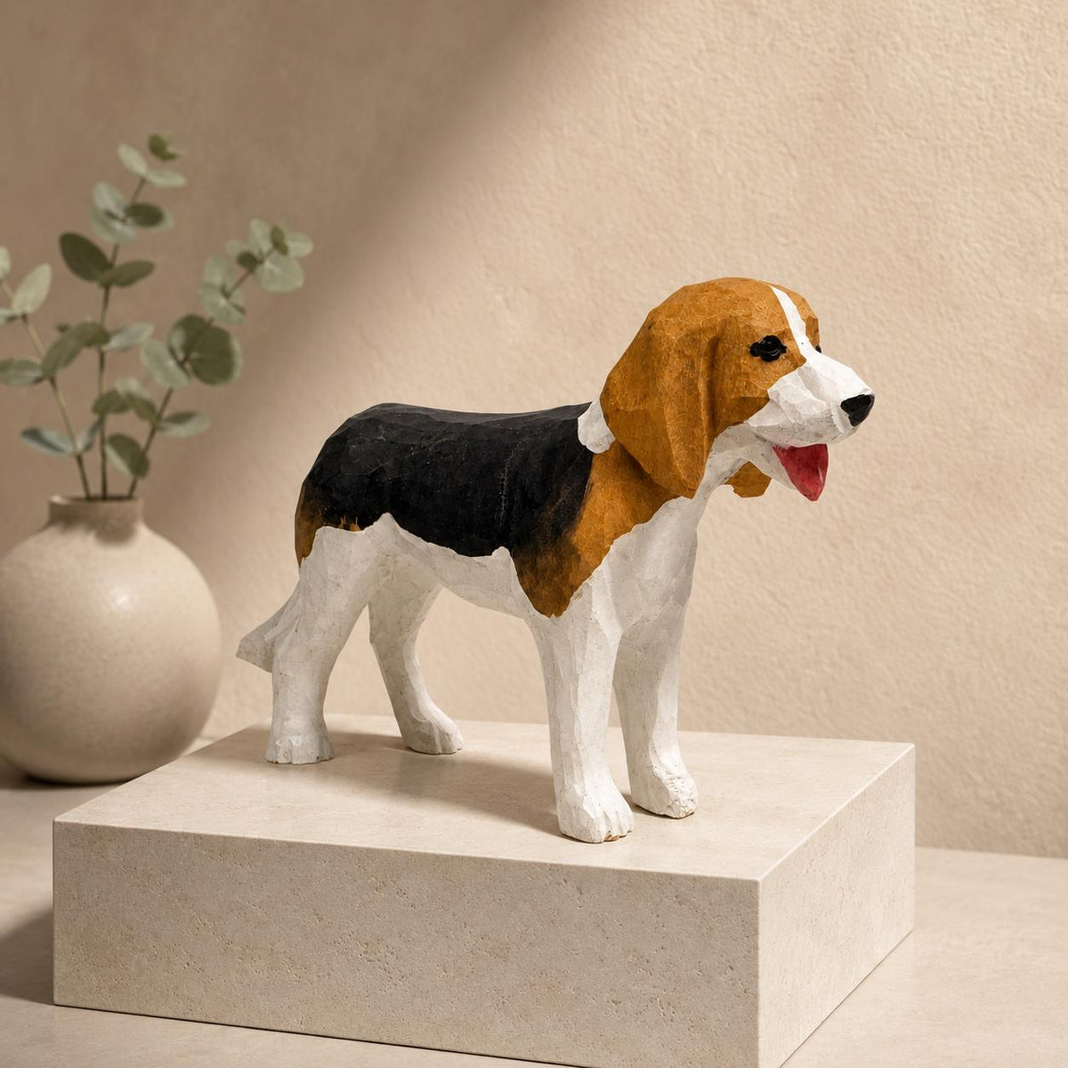 Hand-Carved Wooden Beagle Figurine | Tricolor Hound Dog Sculpture | Whimsical Pet Desk Decor | Dog Mom Gift Idea