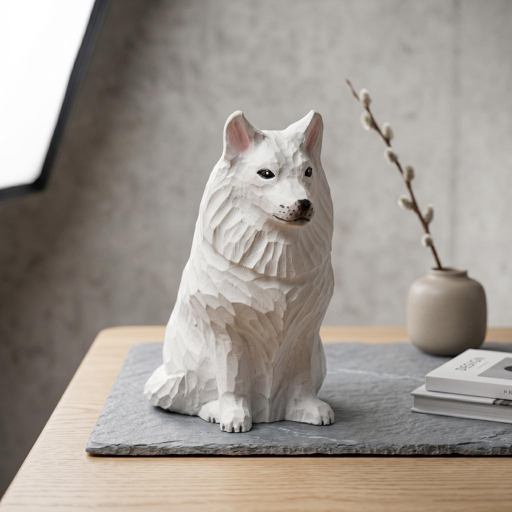 Sweet Hand Carved Wooden Samoyed Dog, Minimalist White Pet Figurine, Rustic Animal Art Sculpture, Thoughtful Dog Lover Gift Memorial
