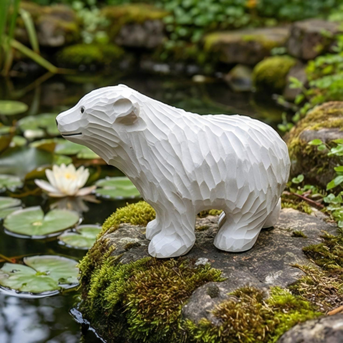 Hand Carved Wooden Polar Bear Figurine - White Bear Statue - Winter Wonderland Decor - Cabin Ornament