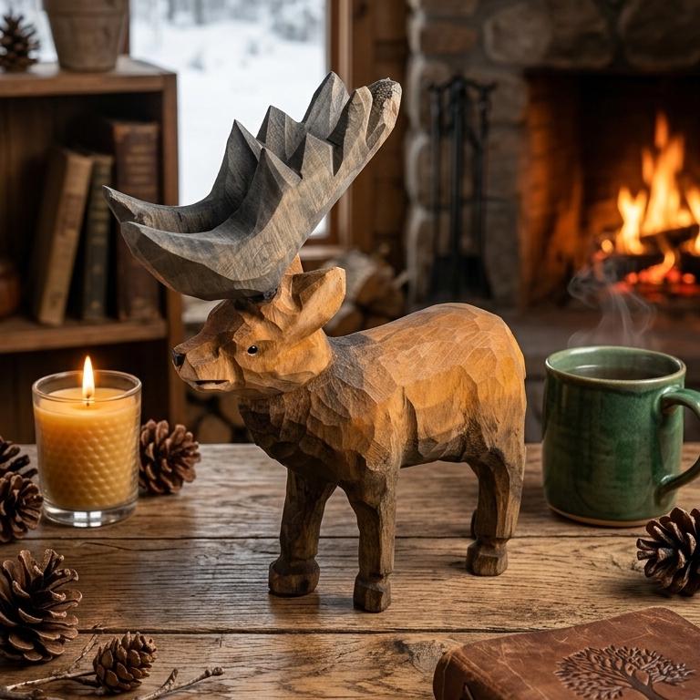 Hand Carved Wooden Moose Figurine, Rustic Woodland Animal Decor, Cabin Core Shelf Accent, Unique Nature Lover Gift, Artisan Wood Sculpture