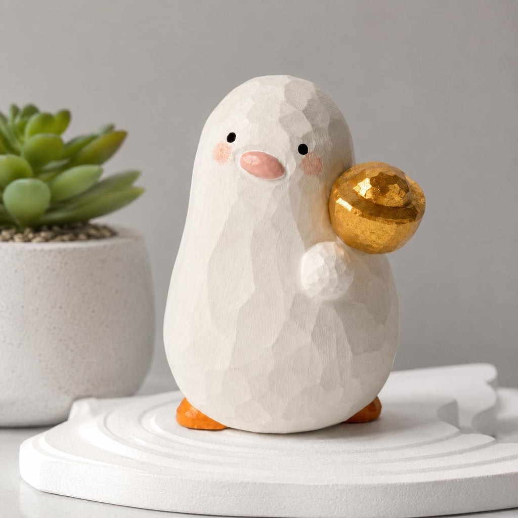 Lucky White Wooden Bird Figurine Hand Carved Wood Duck with Gold Ingot Cute Desk Decor Good Luck Gift for Friend New Job Present