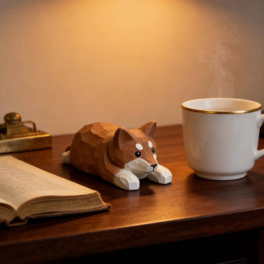 Sleepy Shiba Inu Wood Carving Cute Lying Dog Figurine Handmade Desk Pet Decor Gift for Dog Lovers