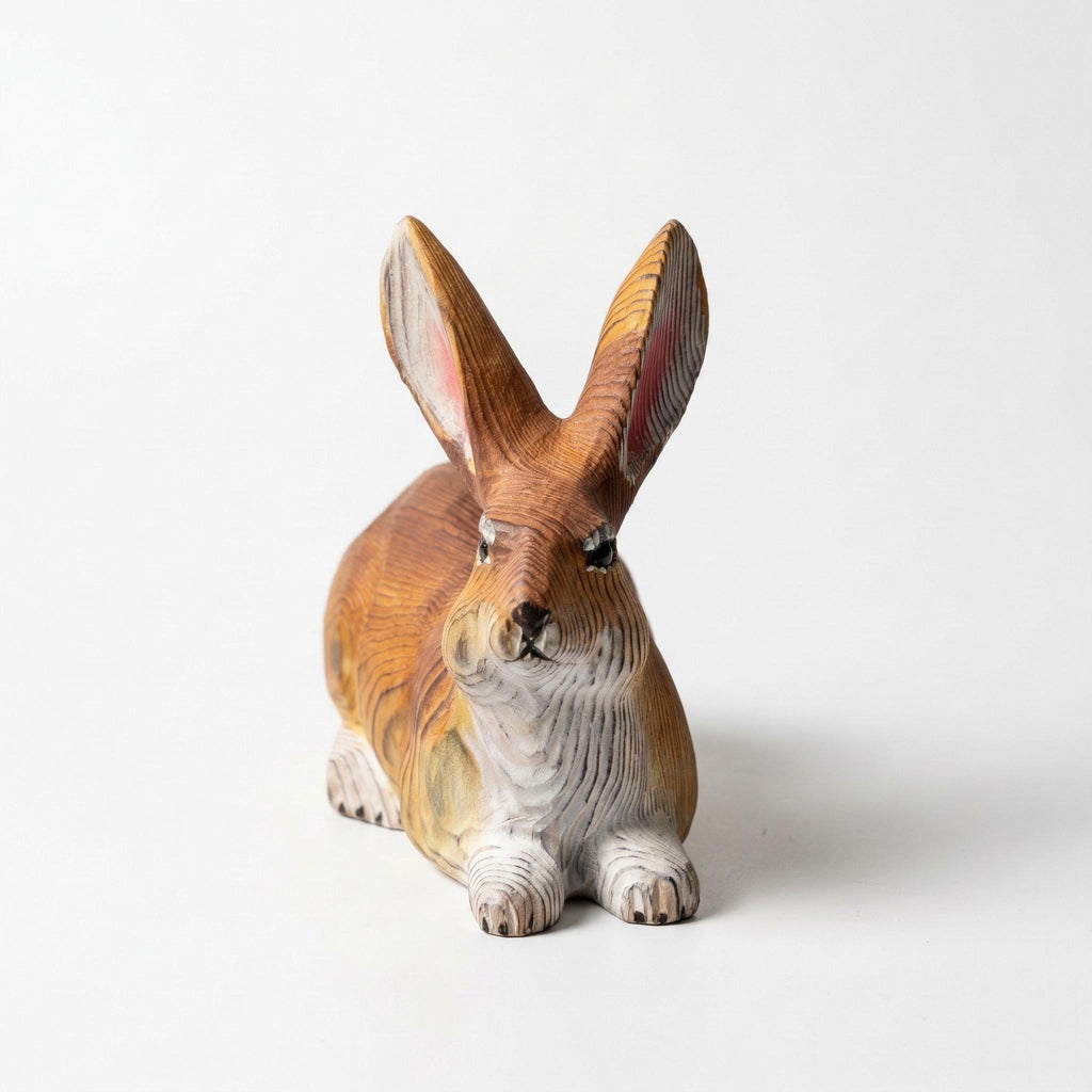 Hand-Carved Wood Rabbit Figurine, Hand-Painted Woodland Bunny Sculpture, Rustic Nursery Decor