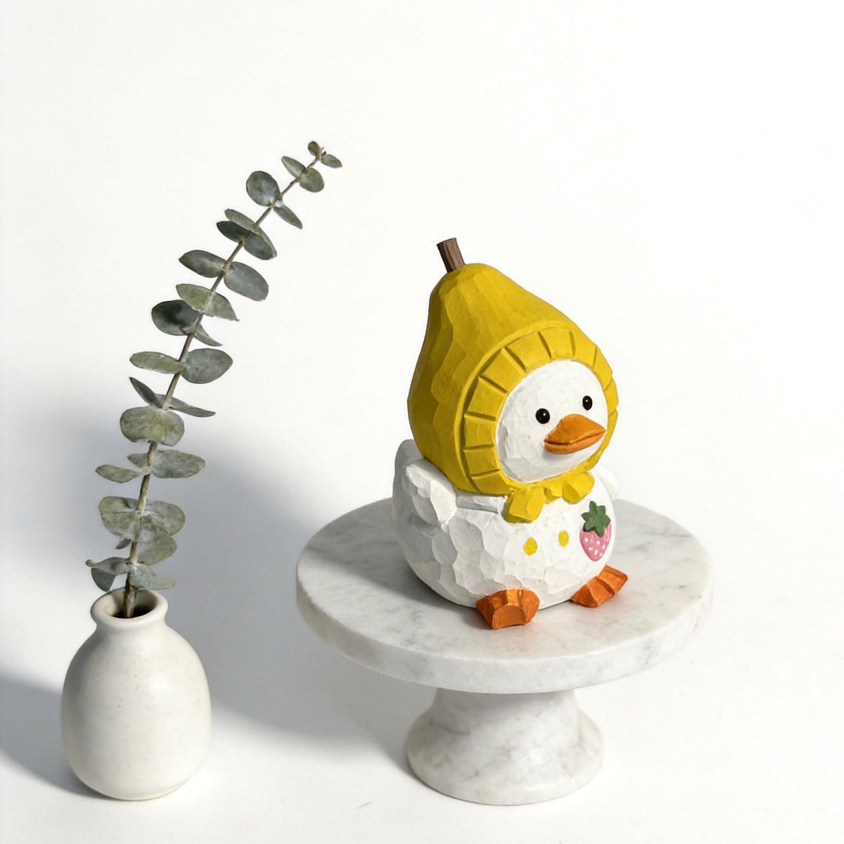 Whimsical Hand-Carved Wooden Duckling in Pear Hat Figurine - Cute Fruit Animal Wood Carving - Housewarming Gift for Duck Lovers