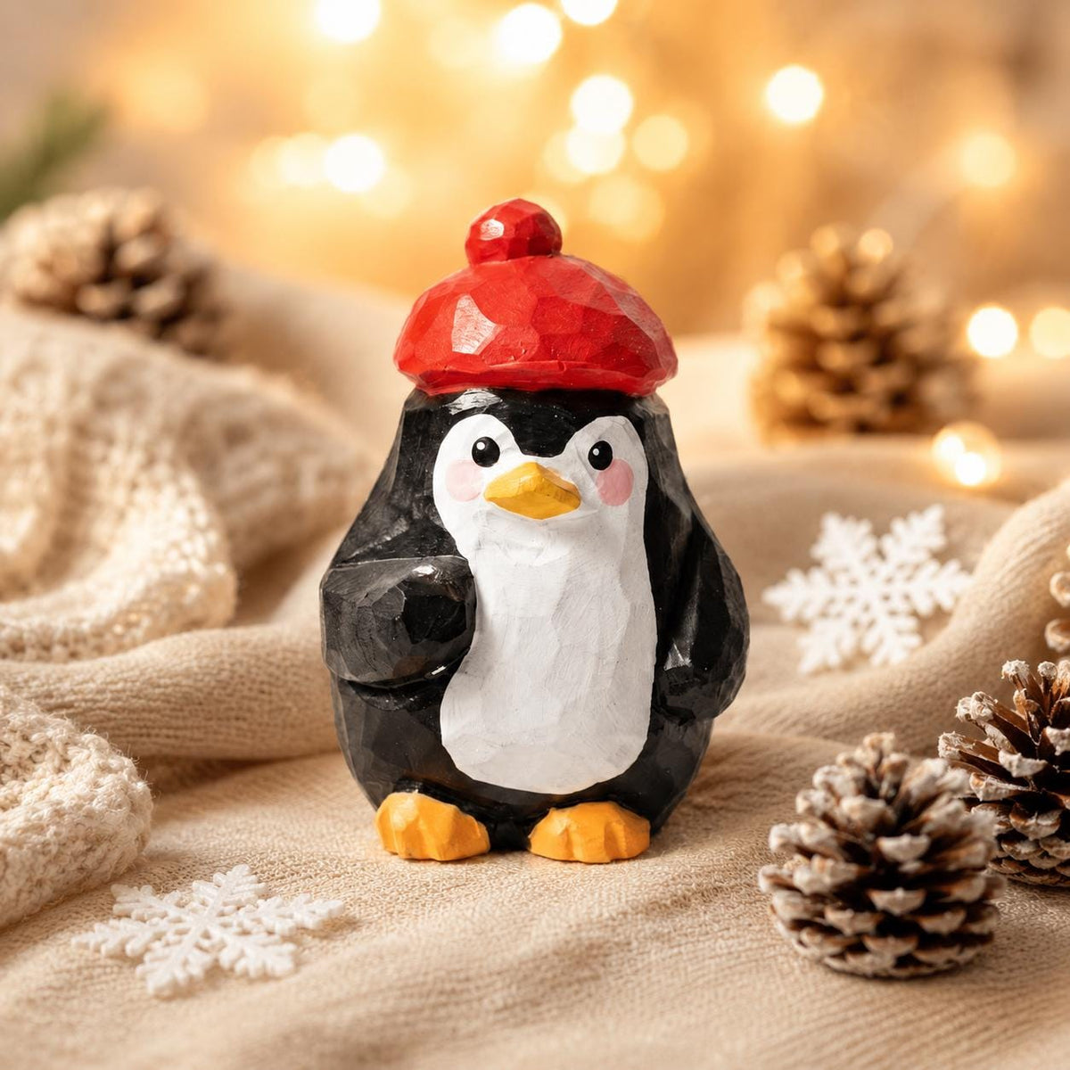 Whimsical Wooden Penguin Figurine in Red Beret, Hand Carved Bird Statue, Cute Desk Decor, Winter Animal Art, Unique Gift for Bird Lover