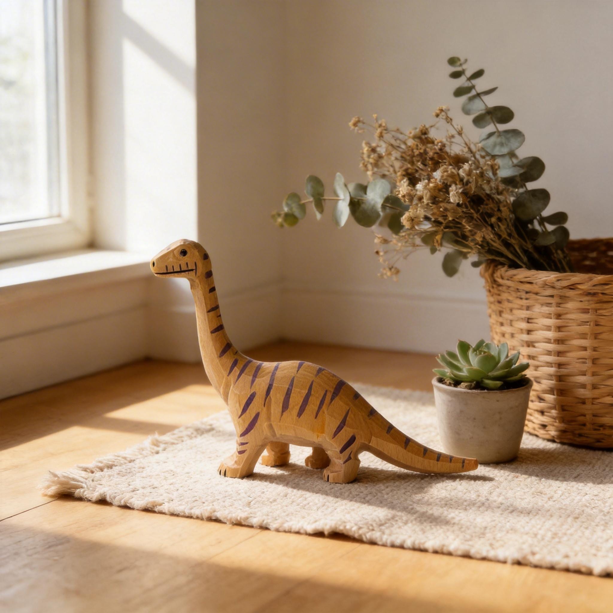 Hand Carved Wooden Brontosaurus Figurine Striped Dinosaur Nursery Decor Whimsical Desk Accessory Unique Birthday Gift for Dino Lover