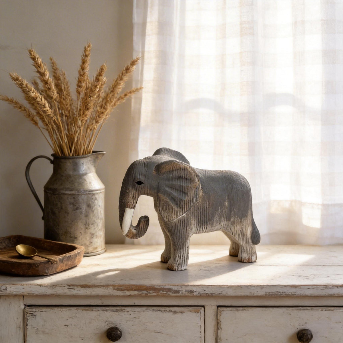 Hand-Carved Wooden Elephant Figurine – Rustic Boho Nursery Decor, Shelf Sitter