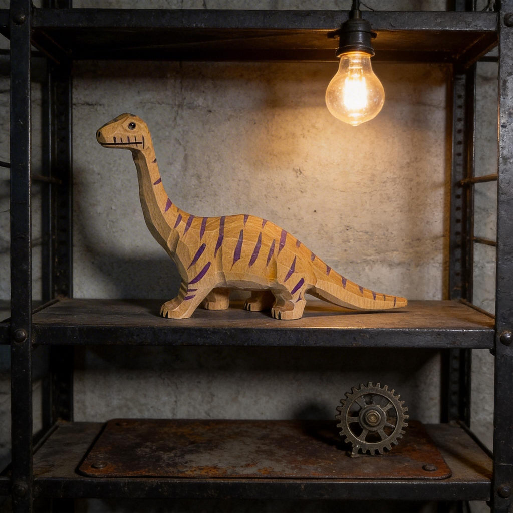 Hand Carved Wooden Brontosaurus Figurine Striped Dinosaur Nursery Decor Whimsical Desk Accessory Unique Birthday Gift for Dino Lover