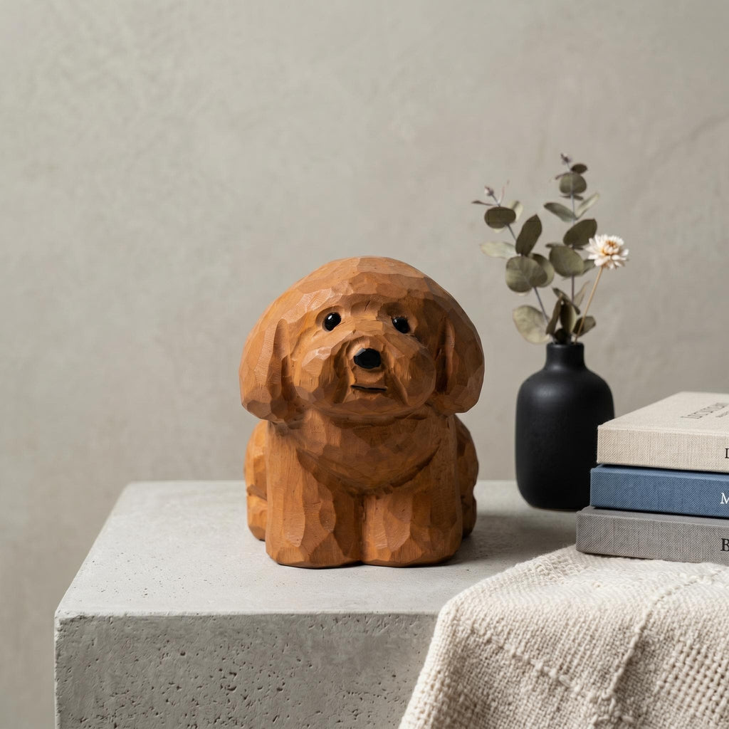 Sweet Hand Carved Wooden Poodle Figurine Rustic Sitting Dog Desk Decor Miniature Doodle Statue Unique Pet Lover Gift Dog Memorial