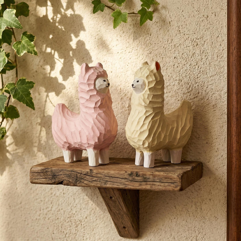 Whimsical Wooden Alpaca Couple Hand Carved Llama Figurines Pastel Nursery Decor Unique Animal Lover Gift Desk Pet Wood Anniversary Present