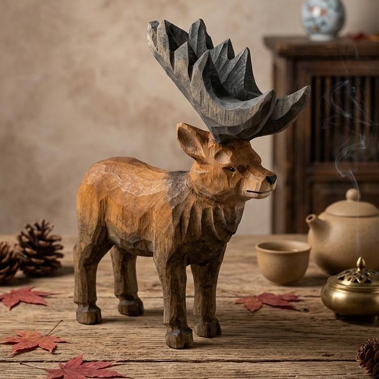 Hand Carved Wooden Moose Figurine, Rustic Woodland Animal Decor, Cabin Core Shelf Accent, Unique Nature Lover Gift, Artisan Wood Sculpture