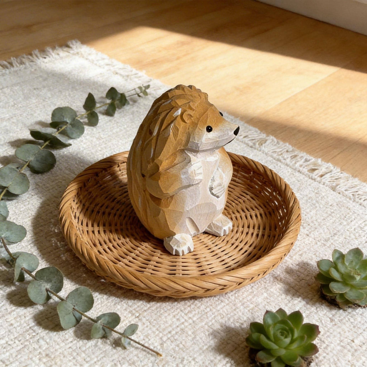 Hand Carved Wooden Hedgehog Figurine, Grumpy Woodland Animal Decor, Whimsical Desk Pet, Rustic Shelf Sitter, Unique Gift for Nature Lover
