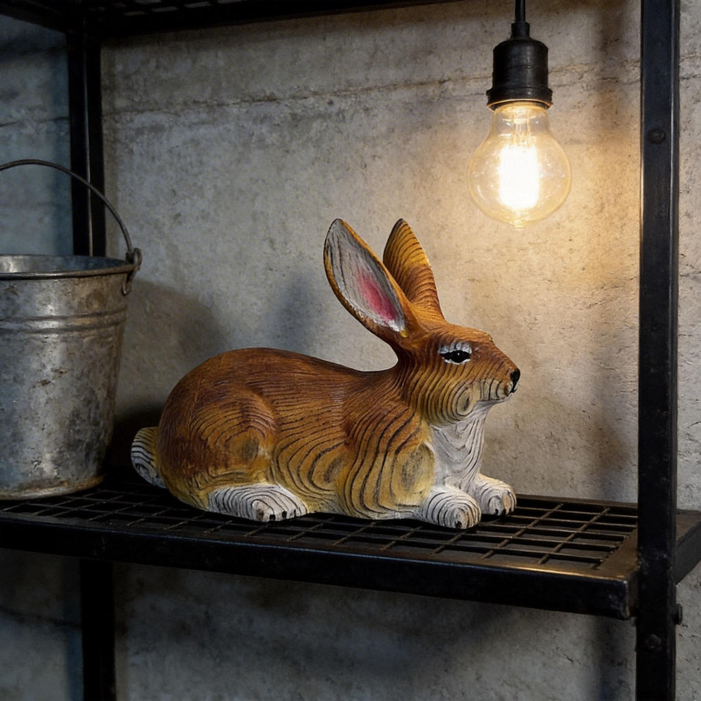 Hand-Carved Wood Rabbit Figurine, Hand-Painted Woodland Bunny Sculpture, Rustic Nursery Decor