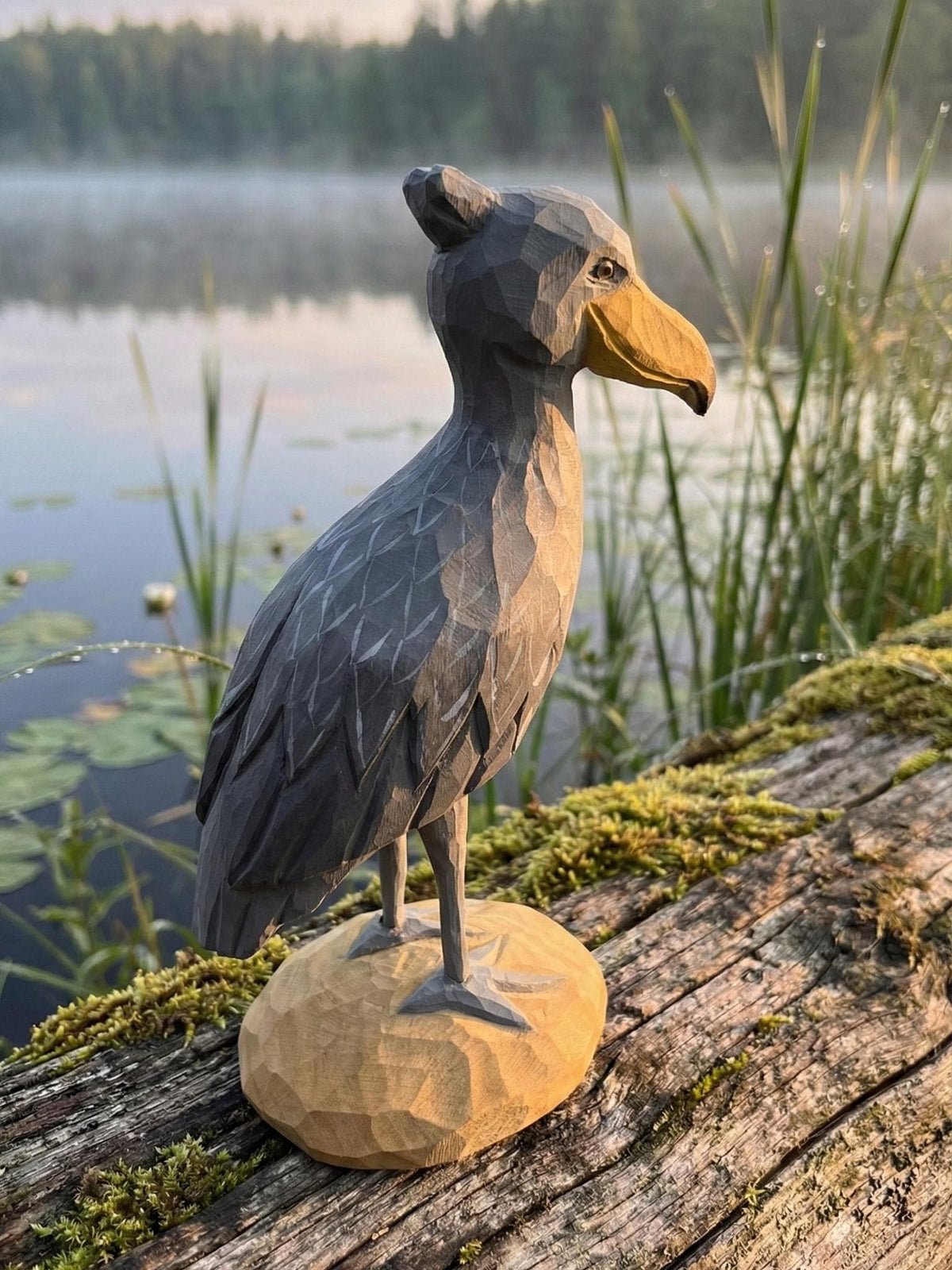 Hand Carved Wooden Shoebill Stork Statue, Rustic Bird Decor