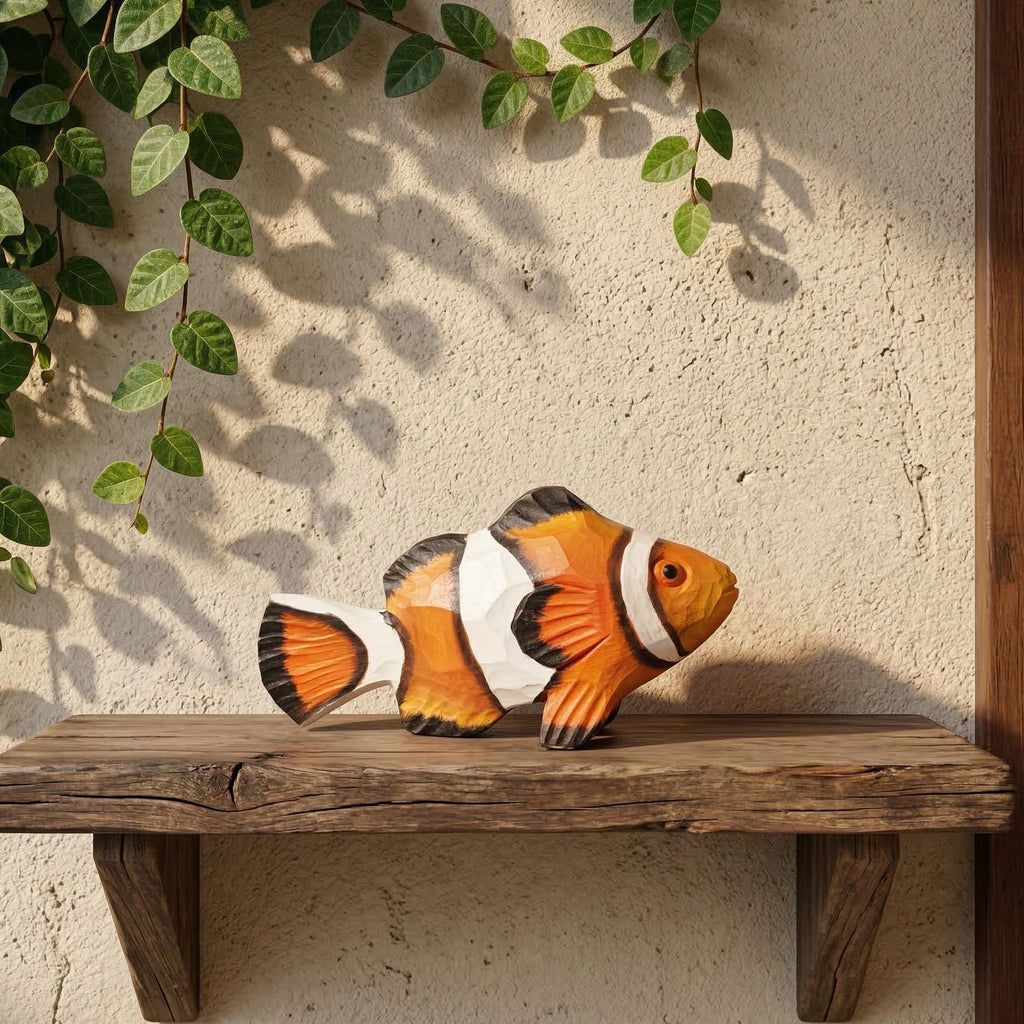 Hand Carved Wooden Clownfish Figurine, Nautical Nursery Decor, Tropical Sea Animal Sculpture, Hand Painted Fish Ornament