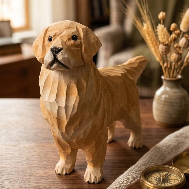 Hand Carved Wooden Golden Retriever Figurine, Rustic Dog Sculpture, Pet Memorial Keepsake