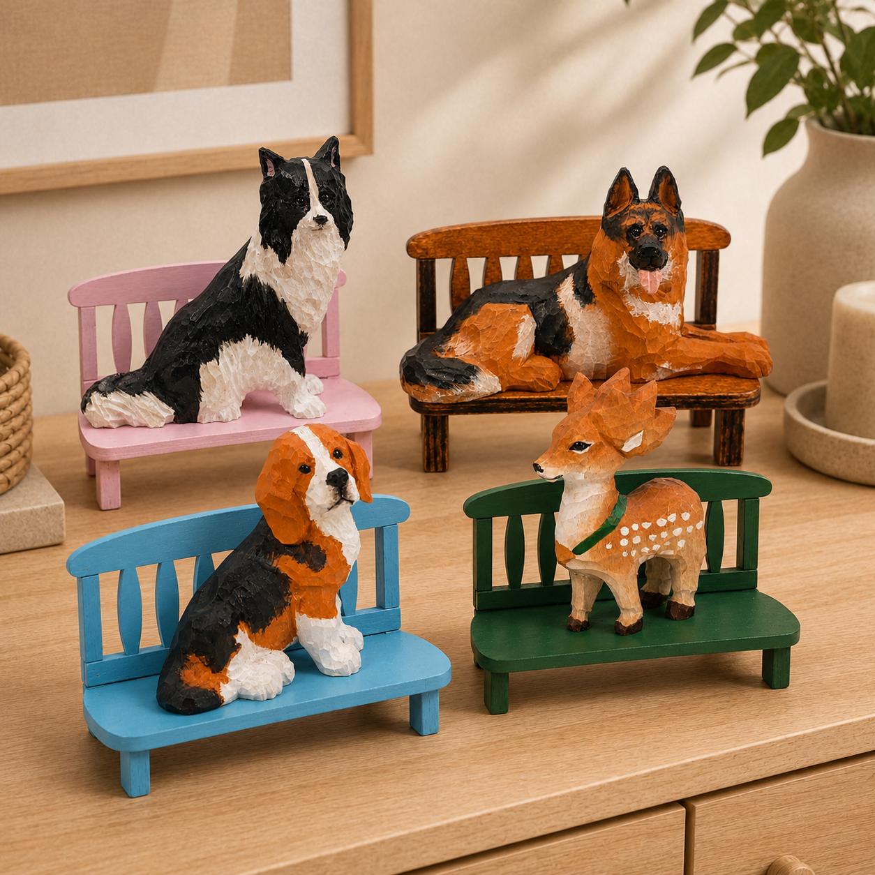 Adorable Miniature Wooden Bench Display Stand, Colorful Figure Base Wood Carving Prop, Cute Desk Decor Gift for Animal Collectors