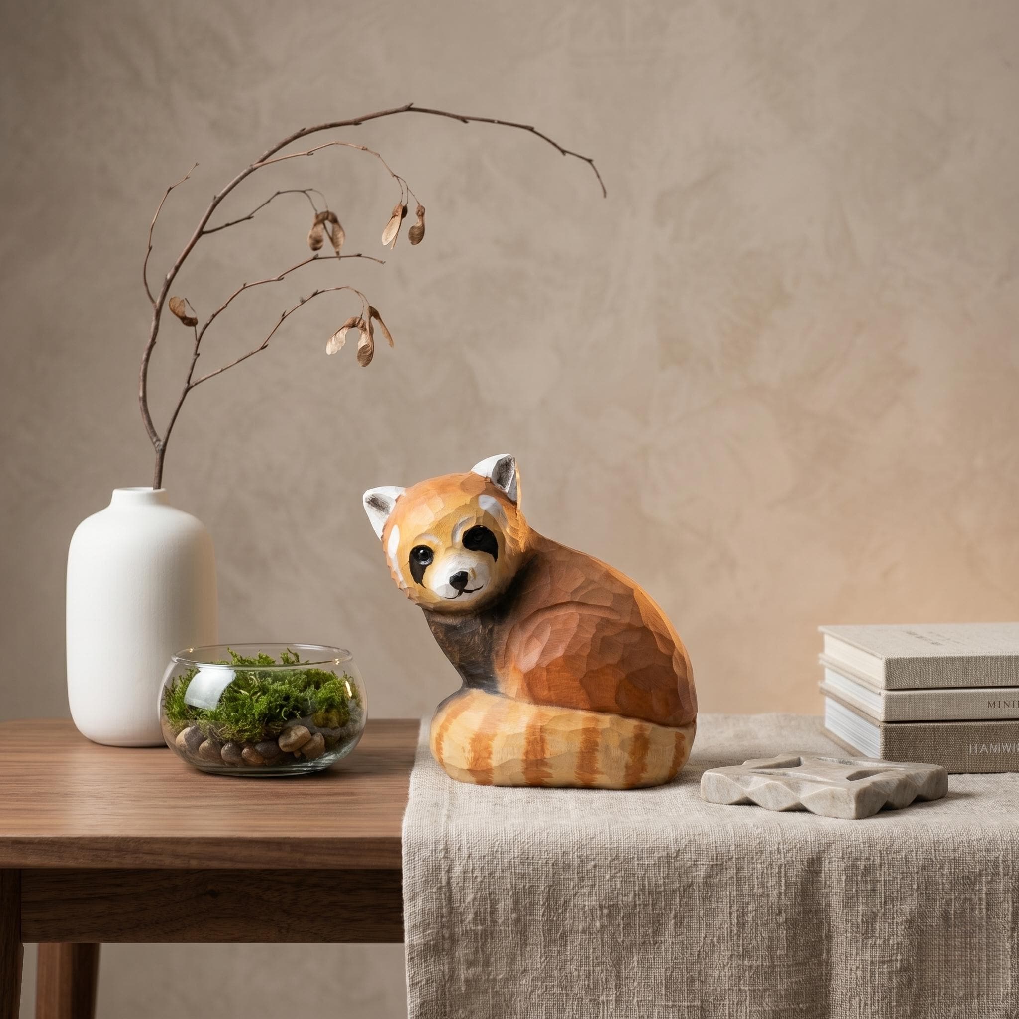 Whimsical Hand Carved Wooden Red Panda Figurine, Rustic Woodland Animal Decor, Cute Red Panda Lover Gift, Unique Wood Art Shelf Sitter