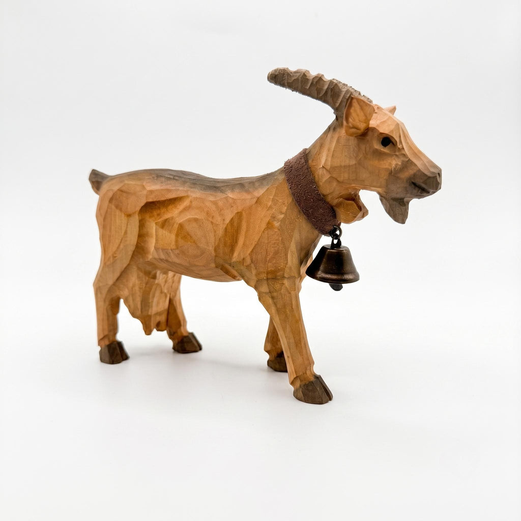 Whimsical Wooden Goat Carving with Bell Rustic Farmhouse Animal Decor Alpine Figurine Unique Birthday Gift