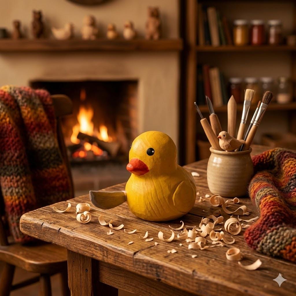 Funny Wooden Duck with Knife Figure Quirky Desk Decor Meme Wood Carving Cheeky Animal Figurine Unique Gag Gift for Co-Worker Humorous Art