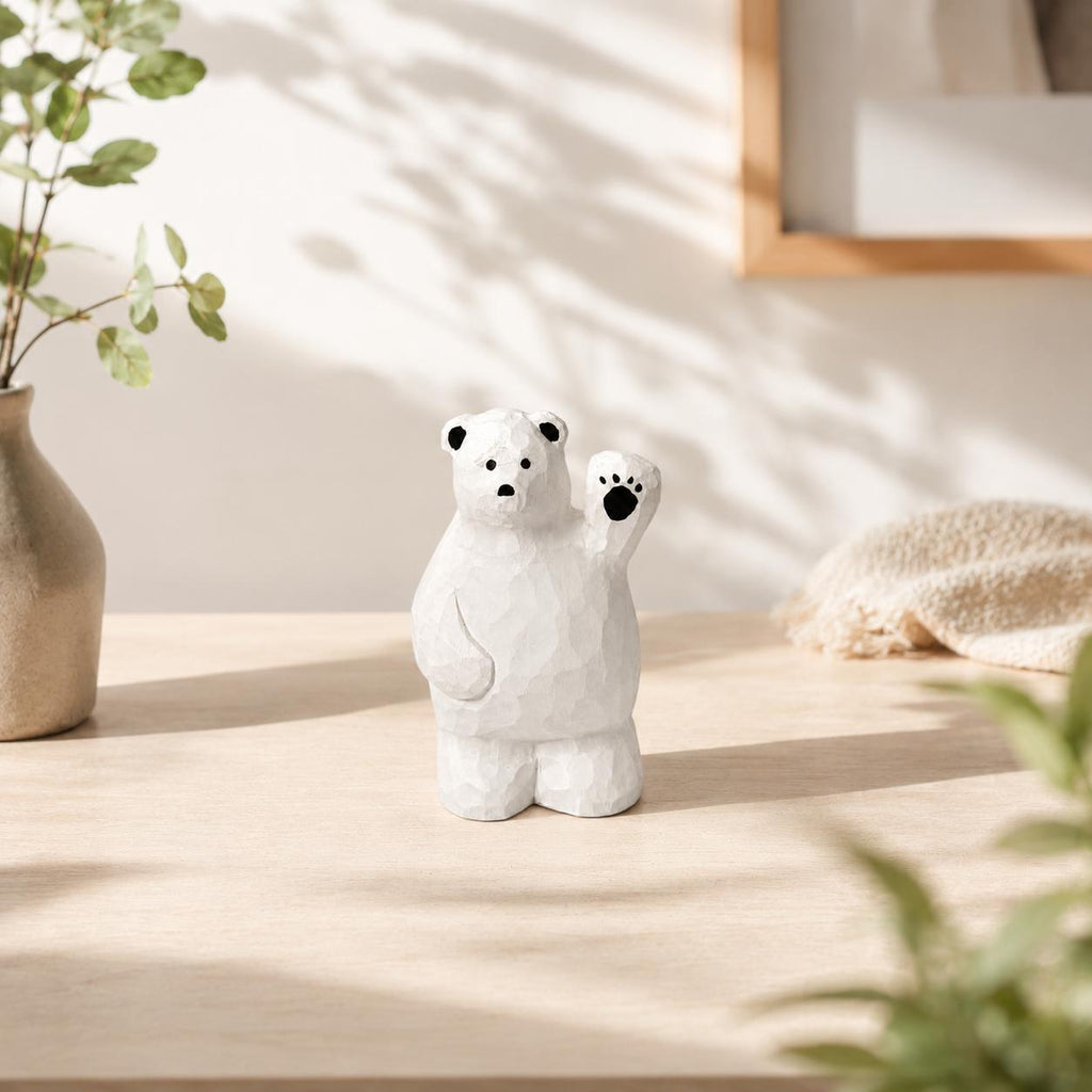 Friendly Waving Polar Bear Wood Carving, Handmade Arctic Animal Figurine, Whimsical Desk Pet, Winter Nursery Decor, Cute Wood Gift for Kids