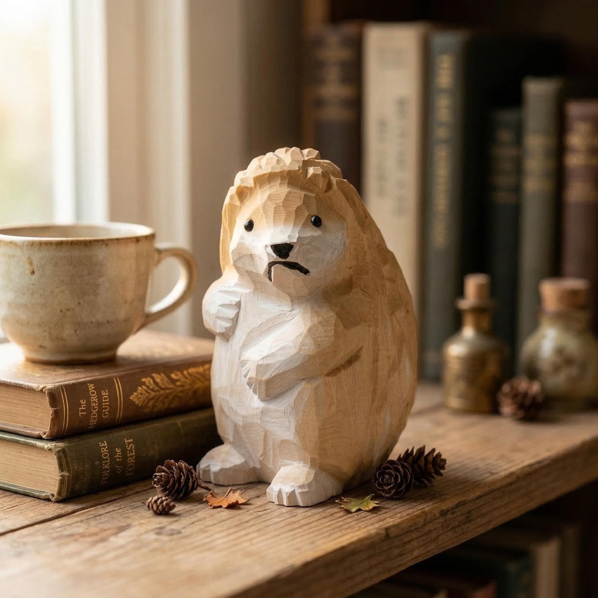 Hand Carved Wooden Hedgehog Figurine, Grumpy Woodland Animal Decor, Whimsical Desk Pet, Rustic Shelf Sitter, Unique Gift for Nature Lover