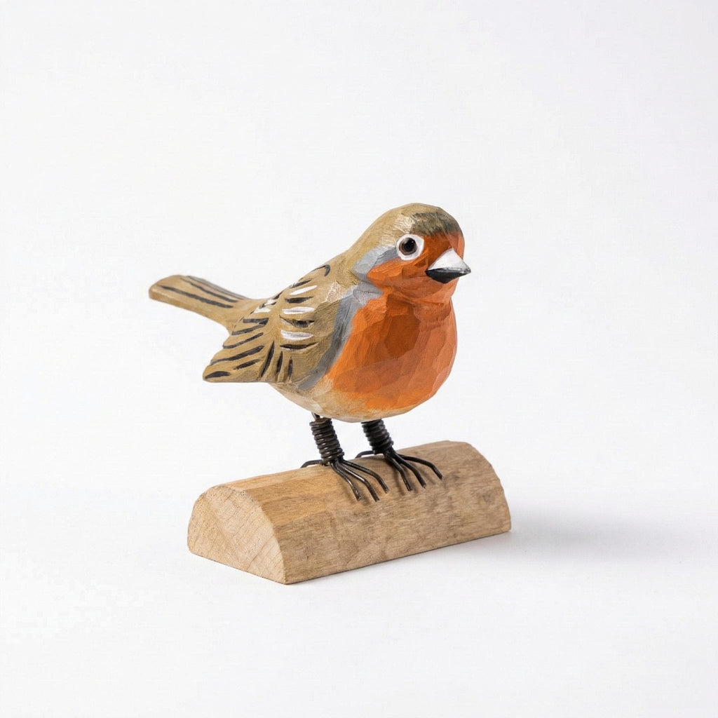 Hand-Carved Wooden Robin Figurine, Rustic Bird Decor on Log Base, Whimsical Nature Lover Gift, Woodland Animal Art, Desk Decor