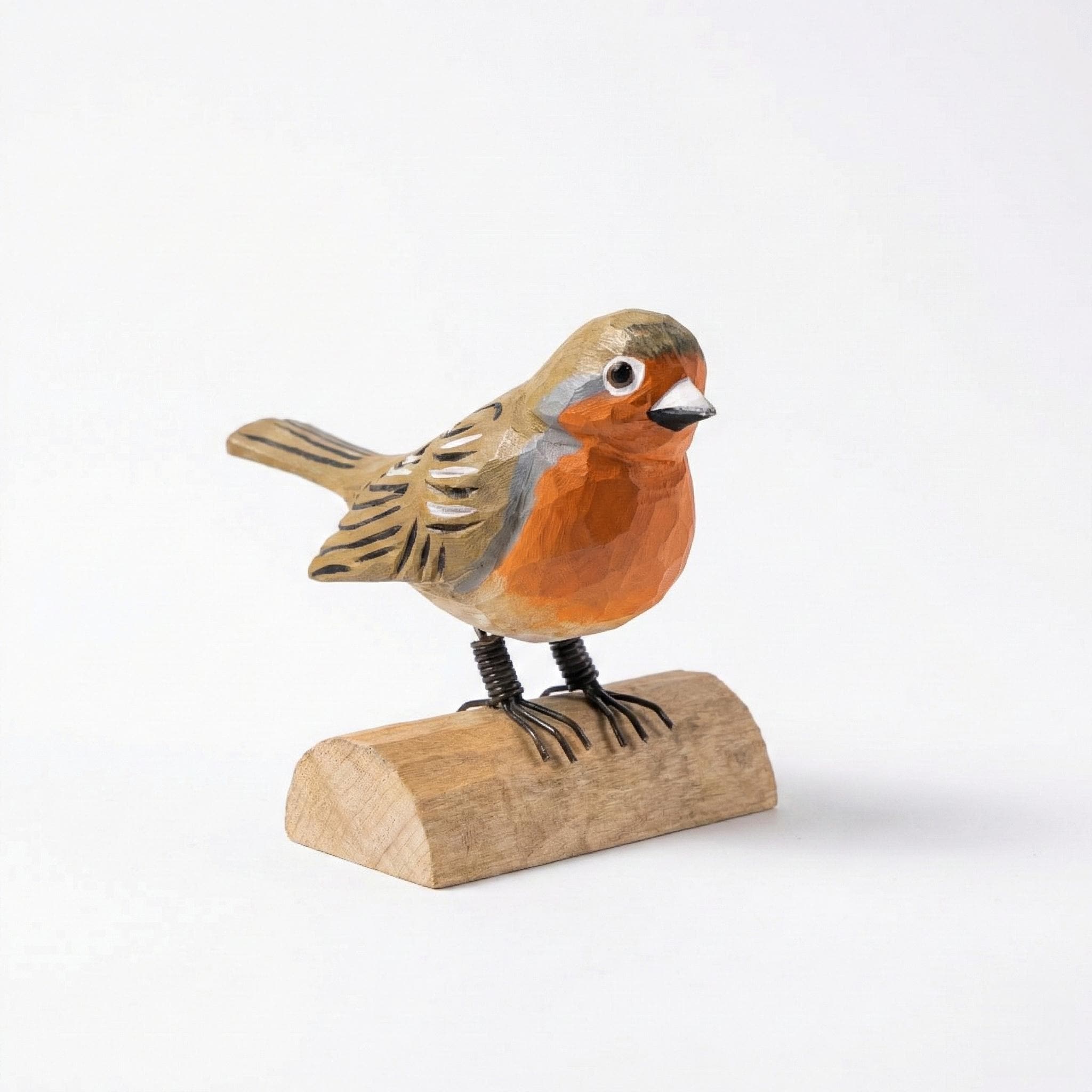 Hand-Carved Wooden Robin Figurine, Rustic Bird Decor on Log Base, Whimsical Nature Lover Gift, Woodland Animal Art, Desk Decor