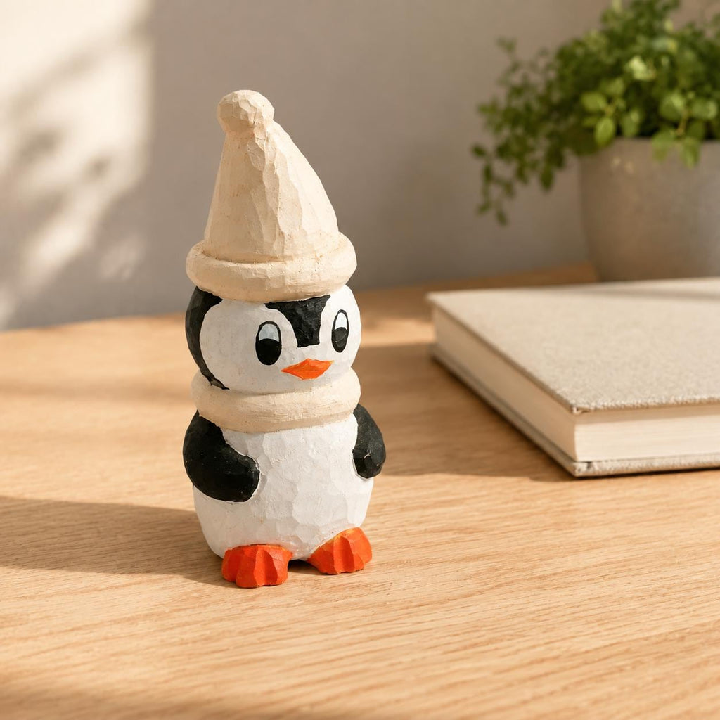 Cozy Hand Carved Wood Penguin Figurine Rustic Winter Animal Decor Wooden Woodland Art Cute Christmas Nursery Gift for Kids