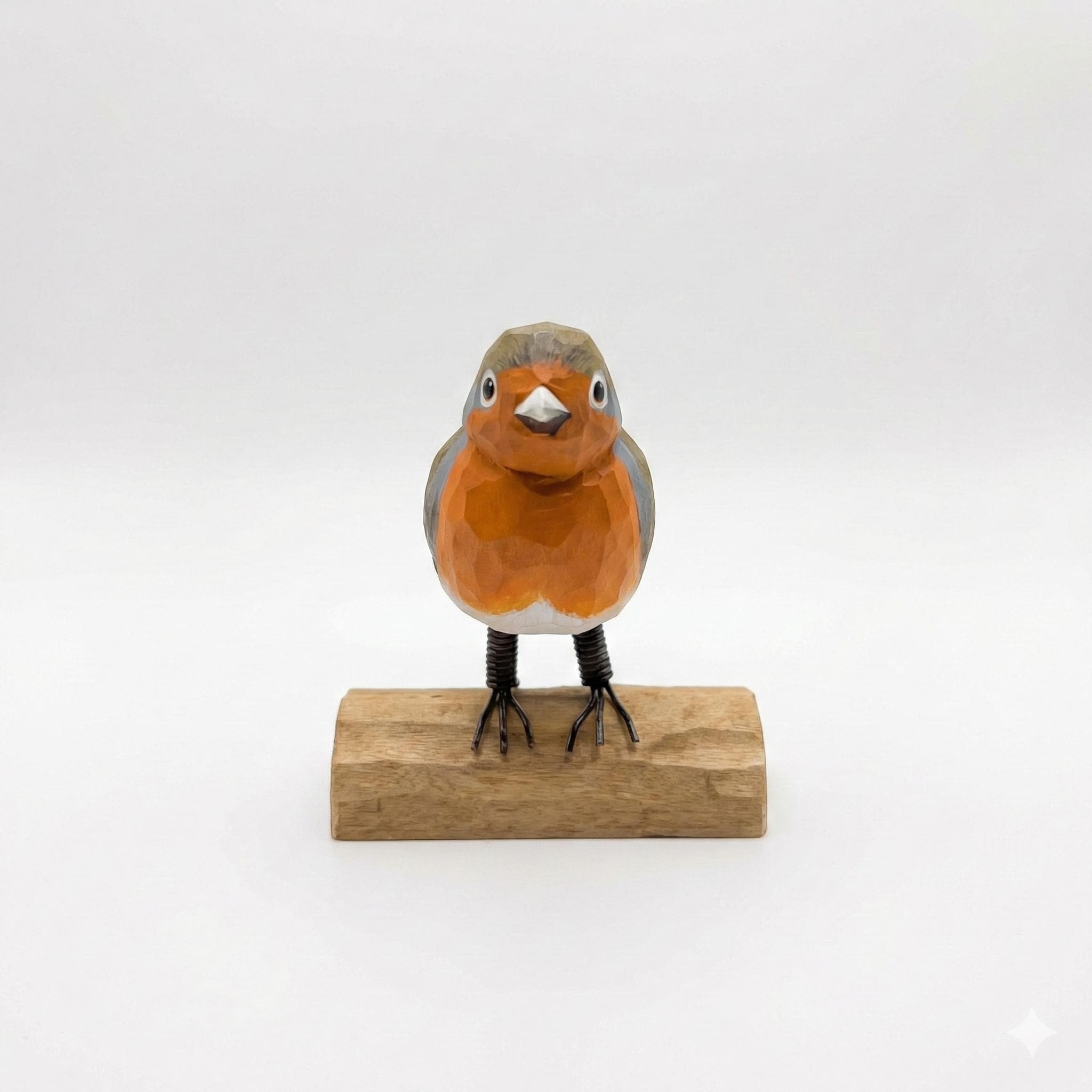 Hand-Carved Wooden Robin Figurine, Rustic Bird Decor on Log Base, Whimsical Nature Lover Gift, Woodland Animal Art, Desk Decor