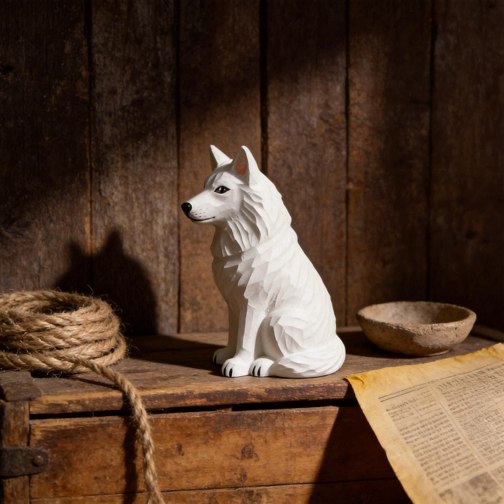Hand Carved Wooden White Dog Figurine | Rustic Farmhouse Decor | White Shepherd Sculpture | Unique Woodland Animal Lover Gift