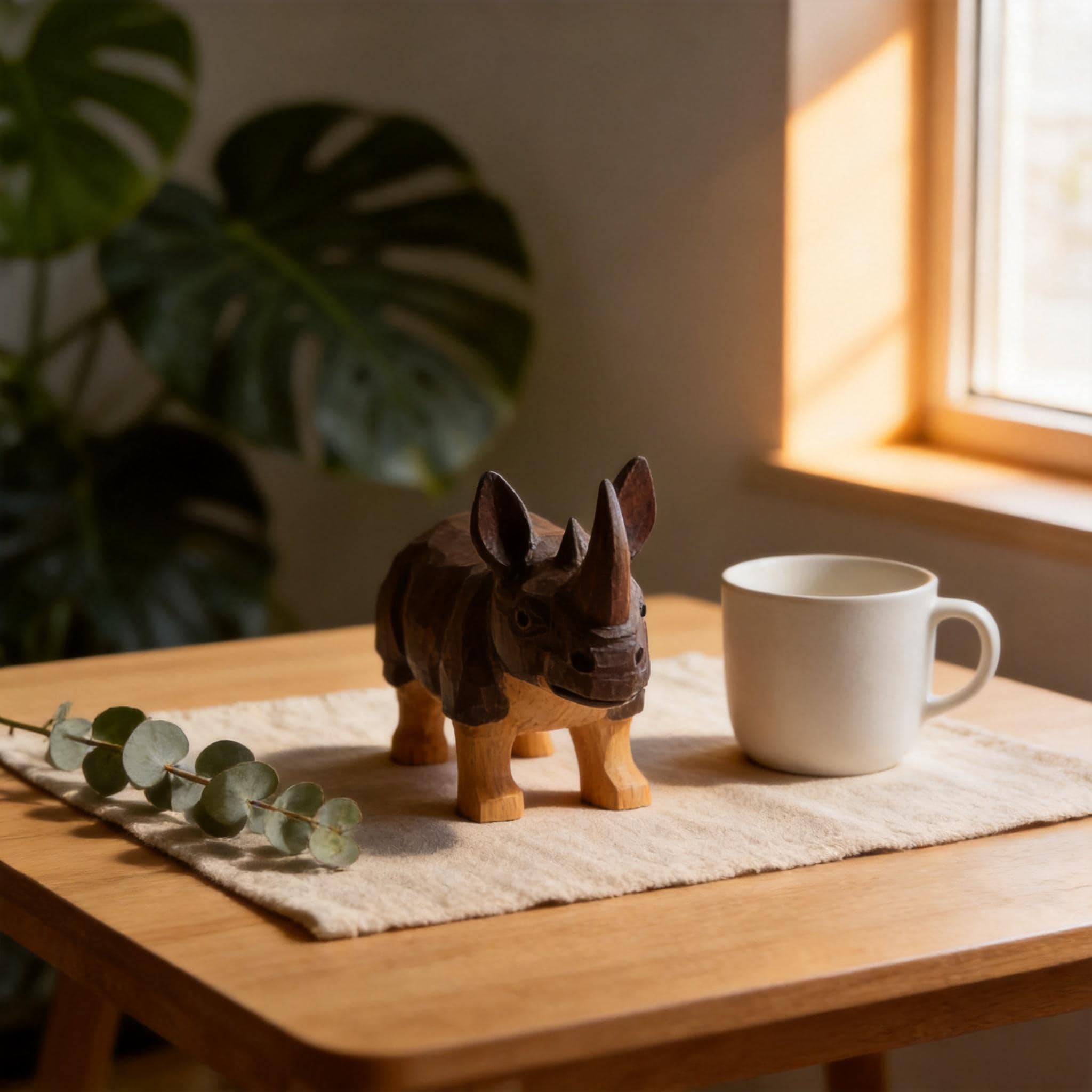 Rustic Hand Carved Wooden Rhino Figurine Geometric Wood Animal Sculpture Safari Decor Nursery Art Unique Gift for Animal Lover