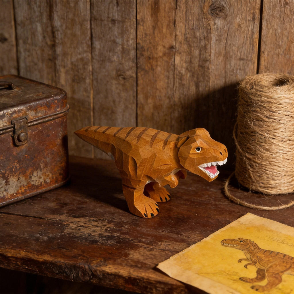 Hand-Carved Wooden T-Rex Figurine, Rustic Dinosaur Decor, Whimsical Wood Carving Art, Unique Desk Ornament, Gift for Paleontology Lovers
