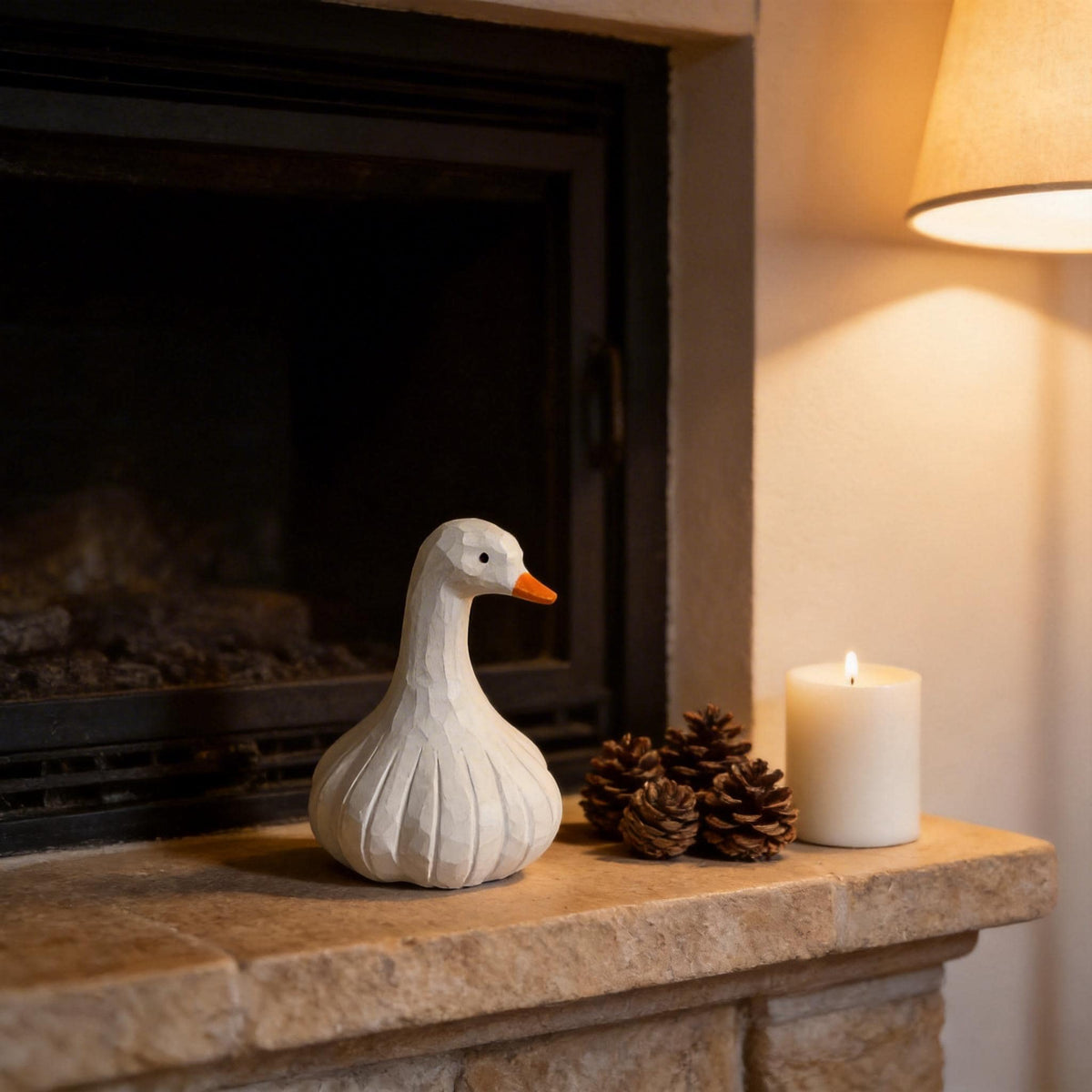 Whimsical Hand-Carved Wooden Goose Figurine, Rustic White Bird Sculpture, Farmhouse Kitchen Decor, Quirky Garlic Goose Art