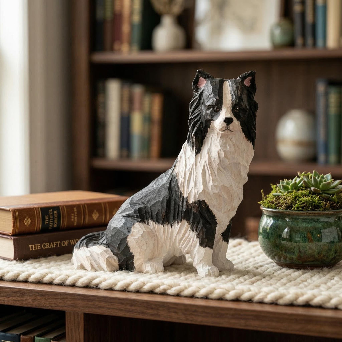 Hand-Carved Wooden Border Collie Figurine, Black and White Dog Sculpture, Rustic Pet Memorial Gift, Dog Lover Home Decor