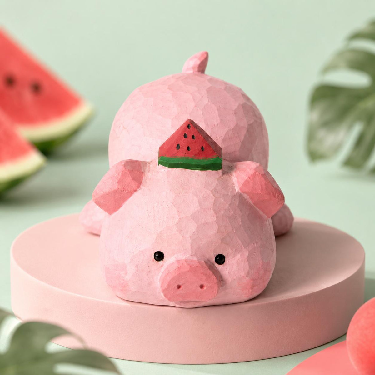 Adorable Wooden Pig Figurine with Watermelon, Hand Carved Animal Decor, Cute Desk Accessory, Unique Gift for Pig Lovers