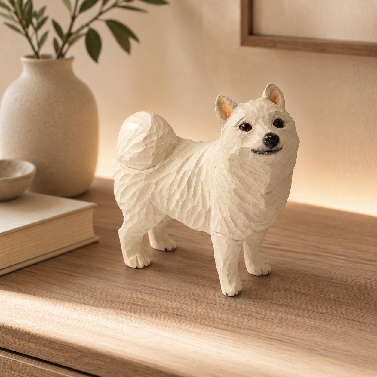 Handcarved White Spitz Dog Figurine Wooden Puppy Statue Rustic Shelf Decor Pet Memorial Gift Carved Samoyed Sculpture Dog Lover Present